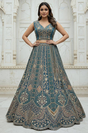 Turquoise Sequin with Stone Embossed Organza Lehenga