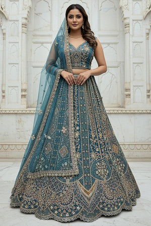 Turquoise Sequin with Stone Embossed Organza Lehenga