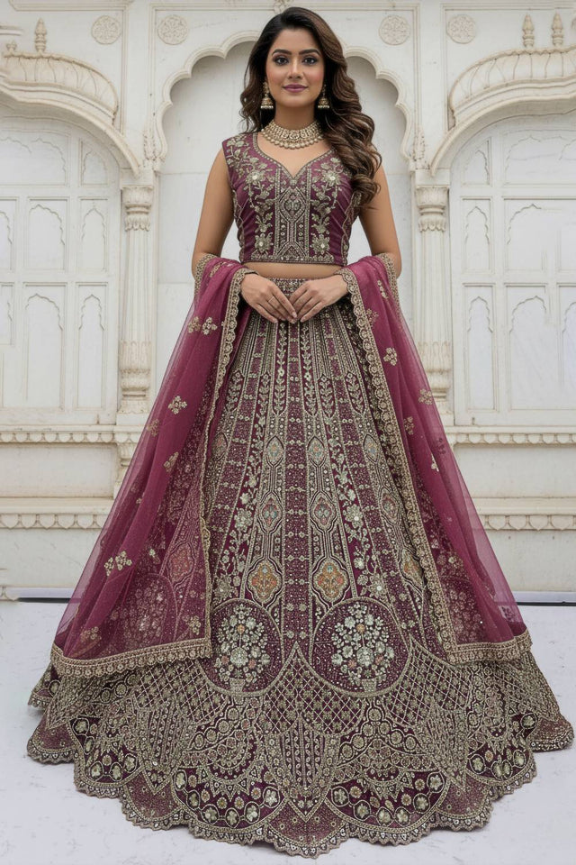 Violet Sequin with Stone Embossed Organza Lehenga