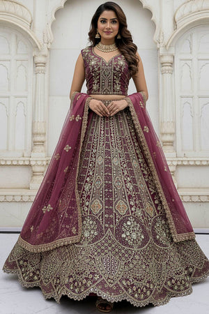 Violet Sequin with Stone Embossed Organza Lehenga