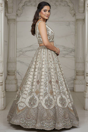White Sequin with Stone Embossed Organza Lehenga