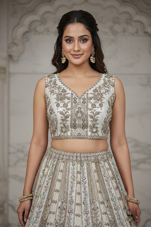 White Sequin with Stone Embossed Organza Lehenga