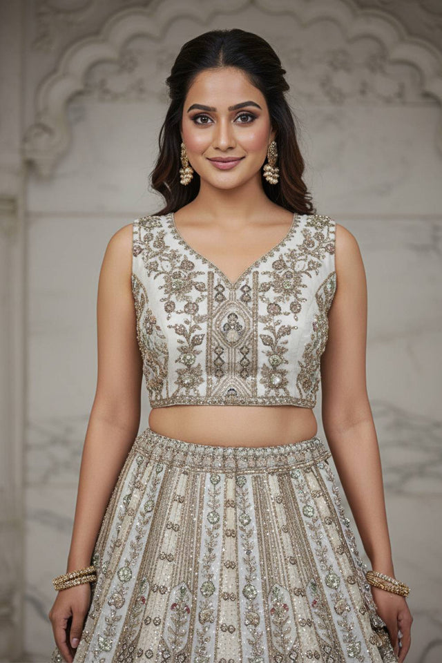 White Sequin with Stone Embossed Organza Lehenga