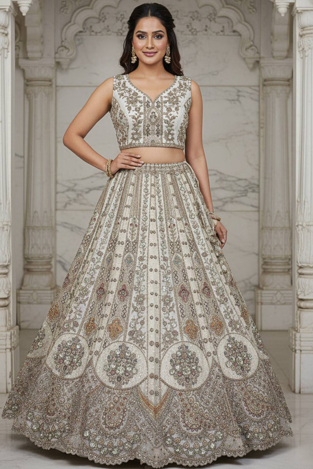 White Sequin with Stone Embossed Organza Lehenga