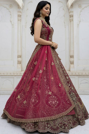 Pink Sequin with Stone Embossed Organza Lehenga