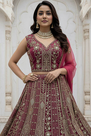 Pink Sequin with Stone Embossed Organza Lehenga