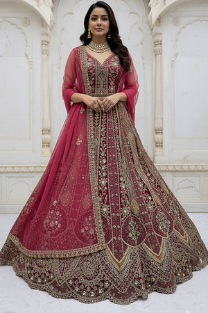 Pink Sequin with Stone Embossed Organza Lehenga