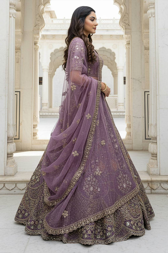 Lavender Sequin with Stone Embossed Organza Lehenga