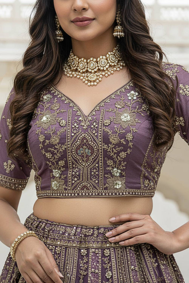 Lavender Sequin with Stone Embossed Organza Lehenga