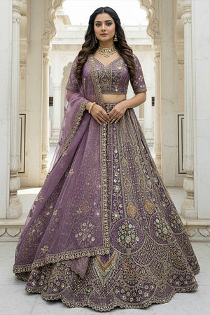 Lavender Sequin with Stone Embossed Organza Lehenga
