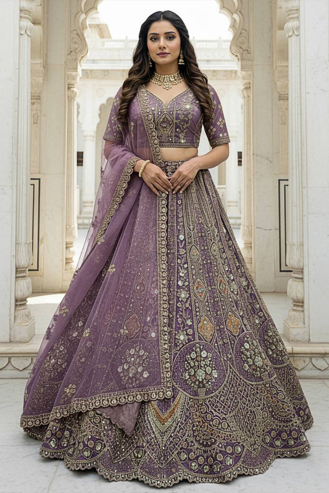 Lavender Sequin with Stone Embossed Organza Lehenga
