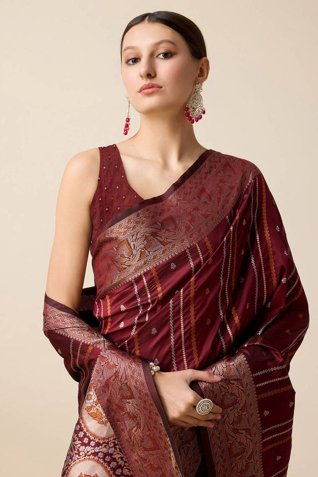 Maroon Woven Jacquard Saree