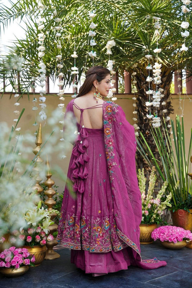 Purple Floral Embroidered Silk Palazzo Suits