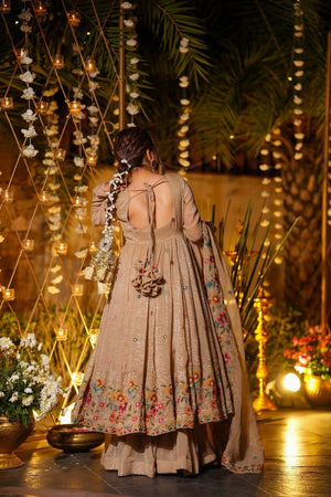 Beige Floral Embroidered Silk Palazzo Suits