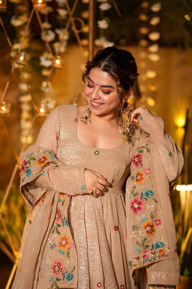 Beige Floral Embroidered Silk Palazzo Suits