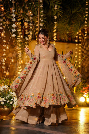 Beige Floral Embroidered Silk Palazzo Suits