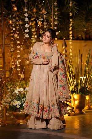 Beige Floral Embroidered Silk Palazzo Suits