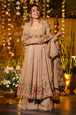 Beige Floral Embroidered Silk Palazzo Suits