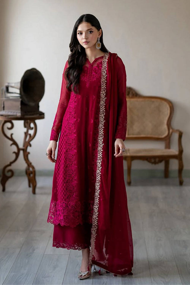 Pink Floral Embroidered Georgette Palazzo Suits