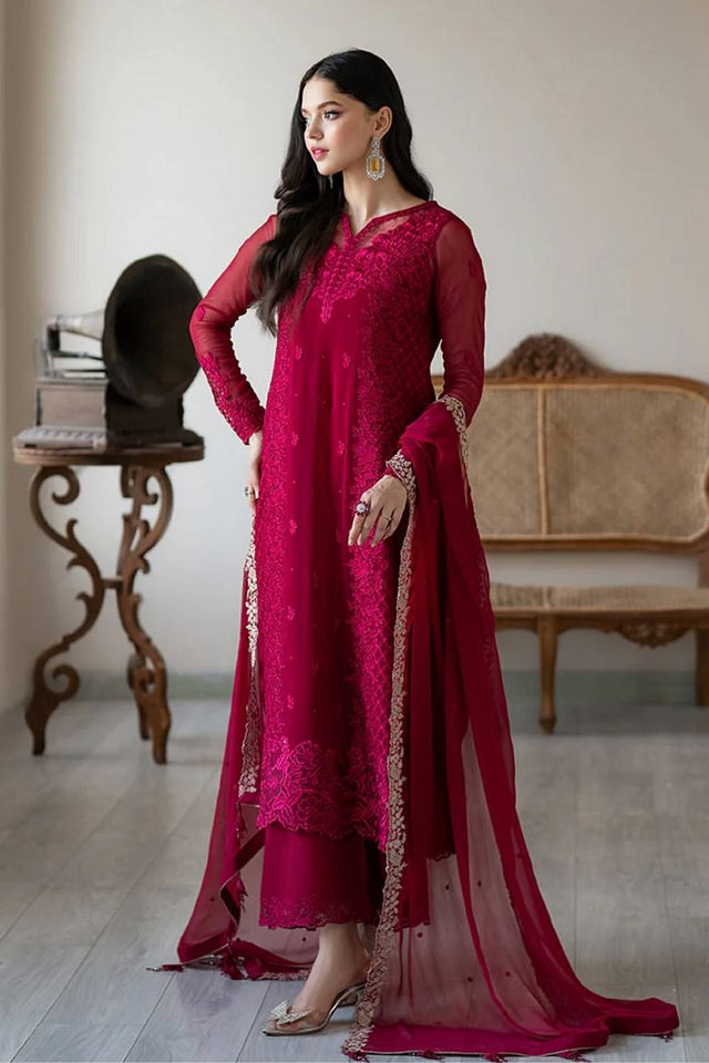 Pink Floral Embroidered Georgette Palazzo Suits