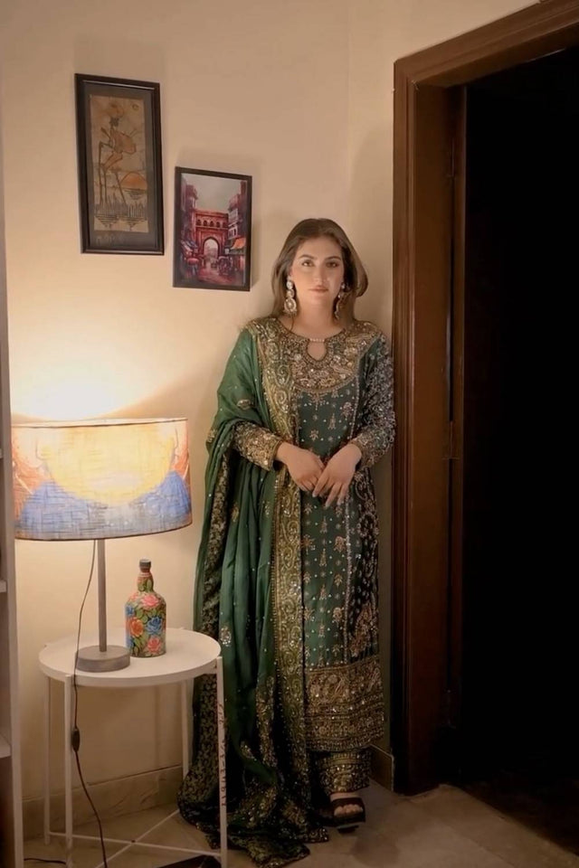 Green Floral Embroidered Georgette Palazzo Suits