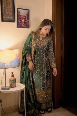 Green Floral Embroidered Georgette Palazzo Suits