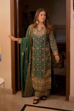 Green Floral Embroidered Georgette Palazzo Suits