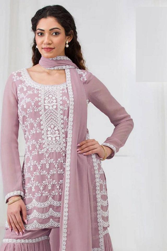 Pink Floral Embroidered Georgette Palazzo Suits