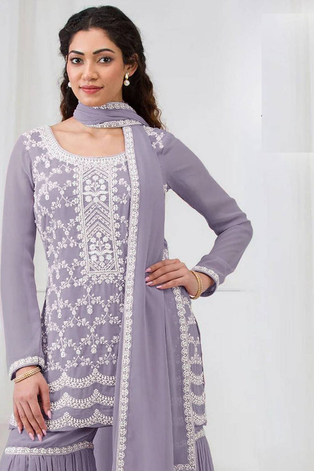 Violet Floral Embroidered Georgette Palazzo Suits