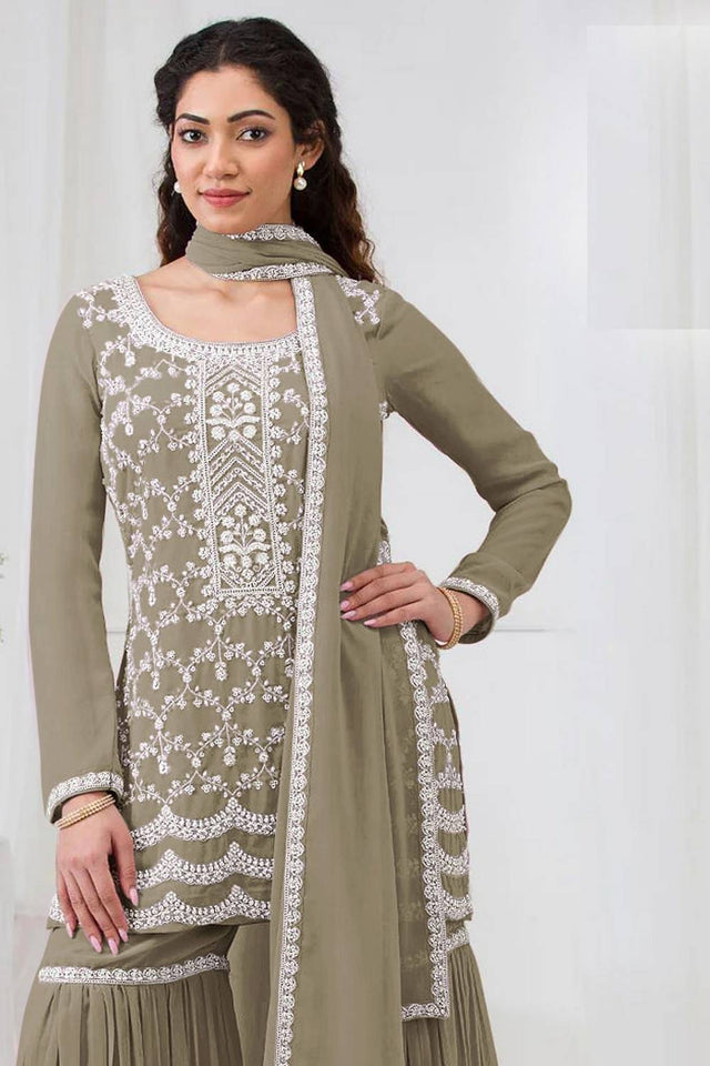 Green Floral Embroidered Georgette Palazzo Suits