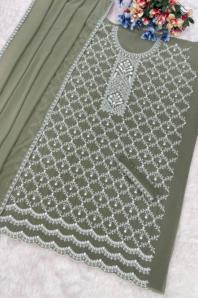 Green Floral Embroidered Georgette Palazzo Suits