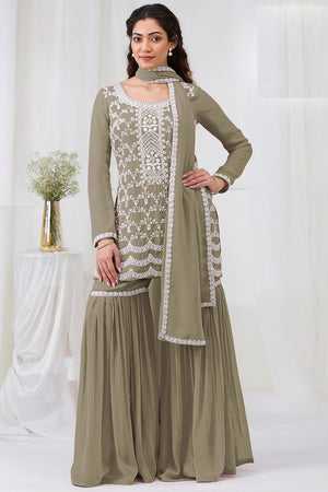 Green Floral Embroidered Georgette Palazzo Suits