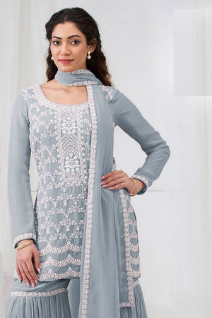 Grey Floral Embroidered Georgette Palazzo Suits