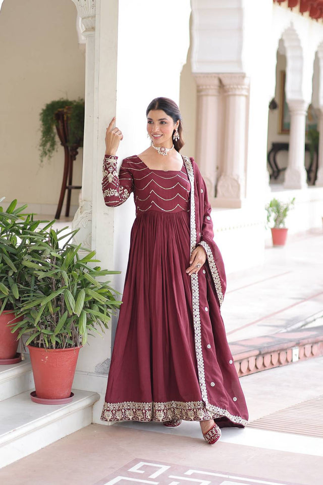Maroon Sequin Silk Gown