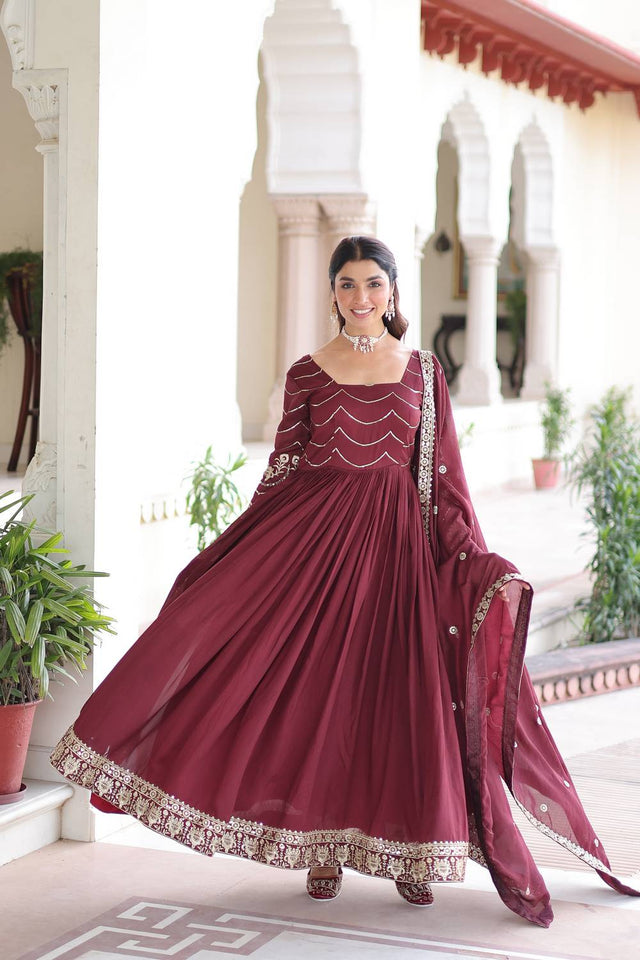 Maroon Sequin Silk Gown