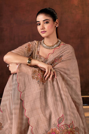 Brown Floral Printed Organza Saree