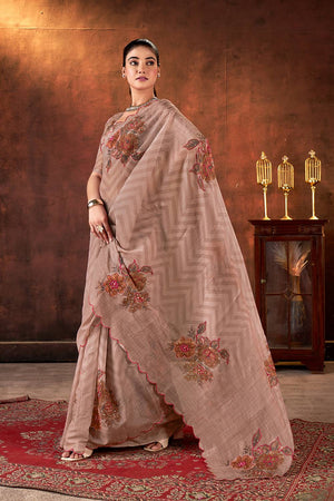 Brown Floral Printed Organza Saree