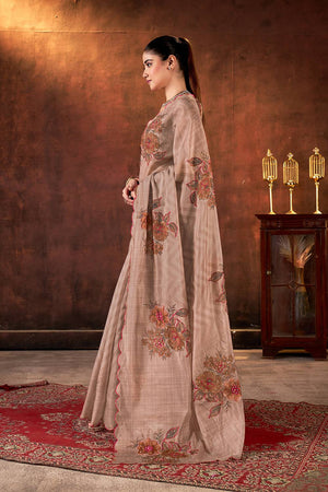 Brown Floral Printed Organza Saree