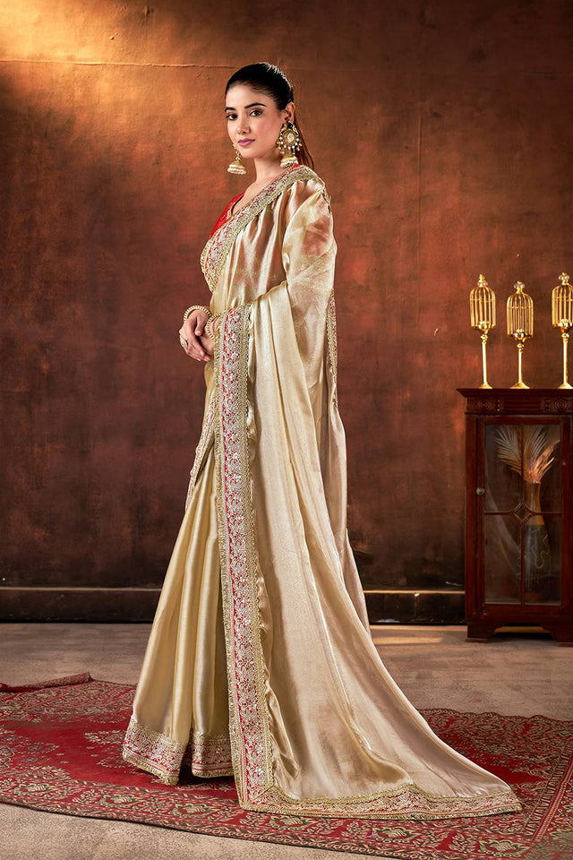 Beige Sequin with Embroidered Silk Saree