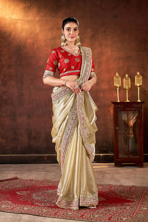 Beige Sequin with Embroidered Silk Saree