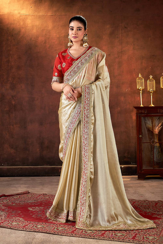 Beige Sequin with Embroidered Silk Saree