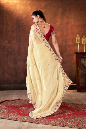 Brown Floral Embroidered Silk Saree