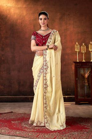 Brown Floral Embroidered Silk Saree