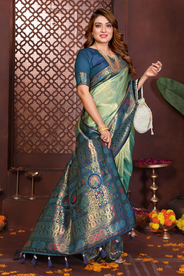 Sea Green Woven Silk Saree