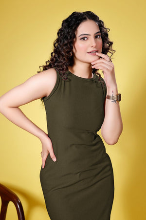 Olive Green Solid Ribbed Knited Dresses