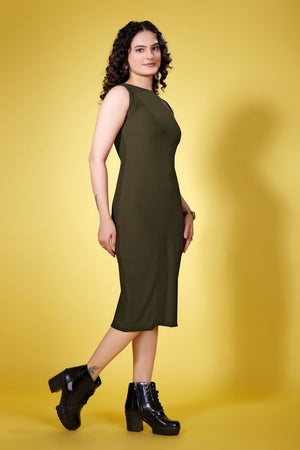 Olive Green Solid Ribbed Knited Dresses