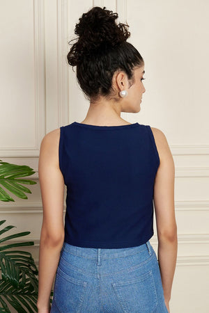 Blue Solid Ribbed Knited Tops & Tunics
