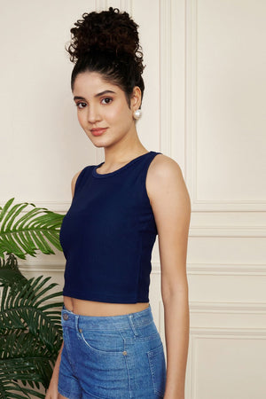 Blue Solid Ribbed Knited Tops & Tunics