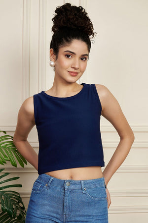 Blue Solid Ribbed Knited Tops & Tunics