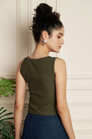 Olive Green Solid Ribbed Knited Tops & Tunics